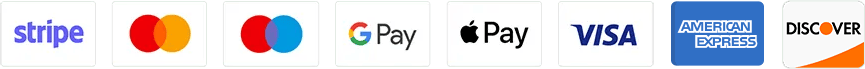 Accepted: Stripe, Mastercard, Google Pay, Apple Pay, Visa, American Express, Discover.